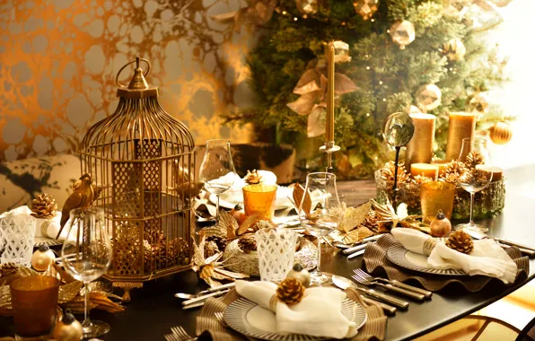 Украшения, стол, шары, свечи, Новый Год, Рождество, holidays, Christmas
