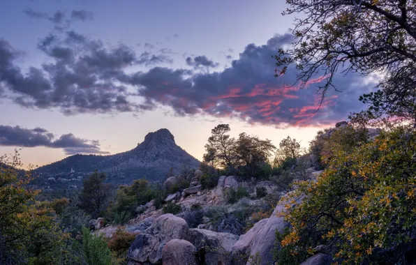 Облака, деревья, горы, скалы, США, Arizona, Prescott