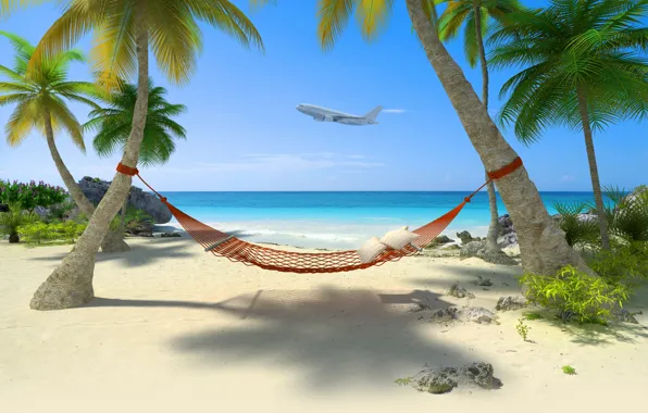 Картинка море, пляж, тропики, Самолет, гамак, beach, sea, hammock