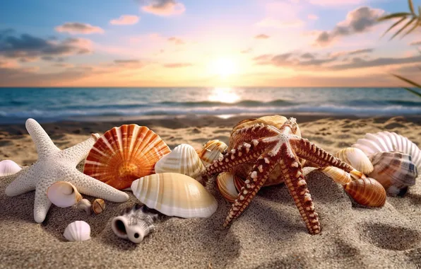 Песок, море, пляж, звезда, ракушки, beach, sea, sand