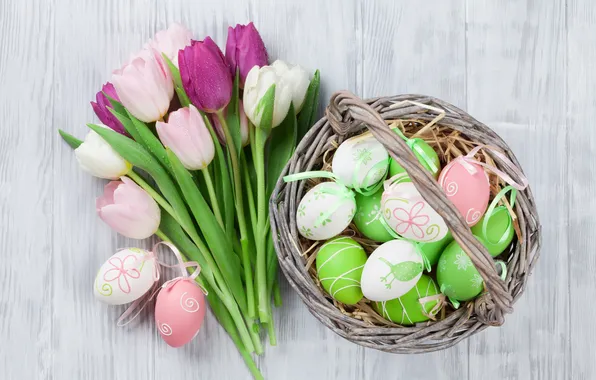Картинка цветы, яйца, букет, весна, colorful, Пасха, тюльпаны, happy