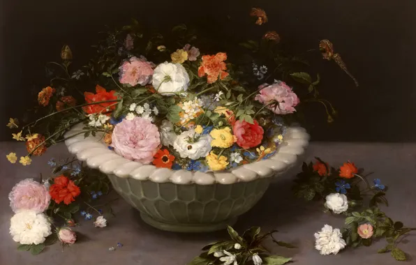 Картинка листья, лепестки, ваза, Ян Брейгель старший, Натюрморт с Цветами