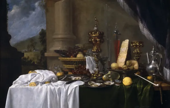 Картинка корзина, еда, картина, ваза, кувшин, фрукты, натюрморт, устрицы
