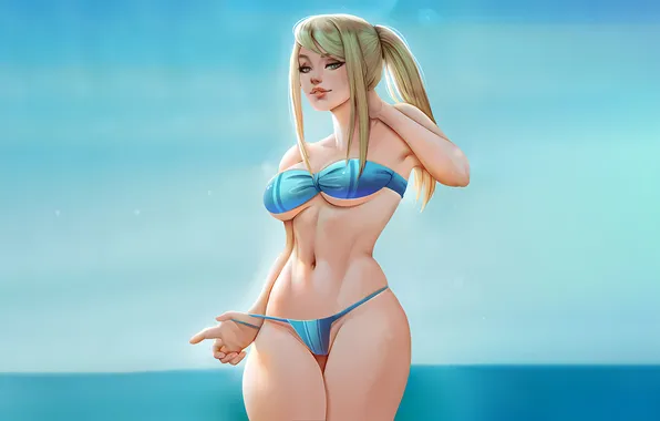 Girl, sexy, game, cleavage, green eyes, long hair, sea, ocean