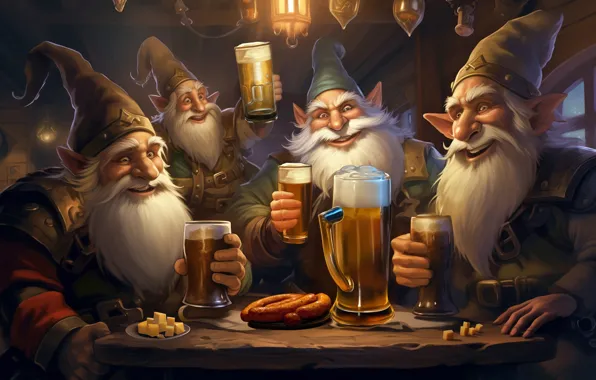 Картинка пиво, эльфы, гномы, старики, нейросеть