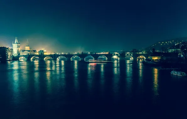 Ночь, мост, огни, река, Прага, Чехия