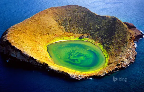 Море, вулкан, кратер, Эквадор, Галапагосские острова, Сантьяго-Айленд