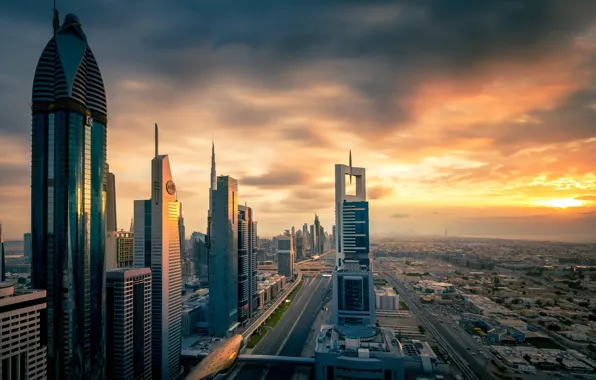 Картинка солнце, закат, город, вечер, Дубай, ОАЭ