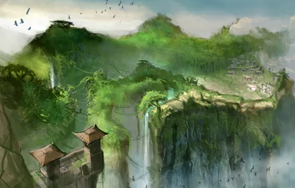 Картинка птицы, мост, скалы, водопад, дома, веревки, крыши, Heavenly Sword