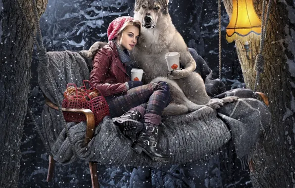 Картинка зима, лес, снег, качели, лампа, волк, кофе, красная шапочка