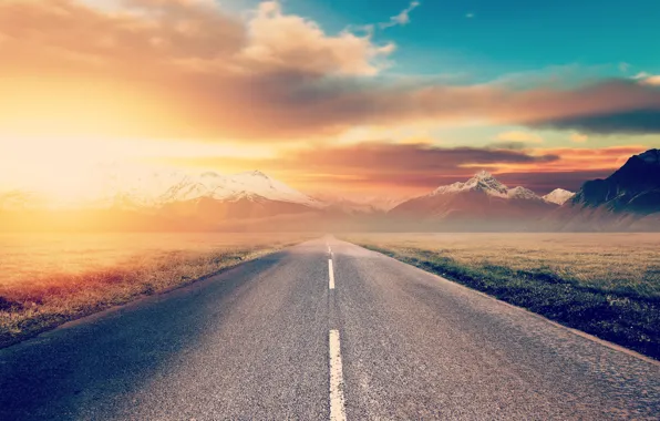 Картинка дорога, небо, солнце, горы