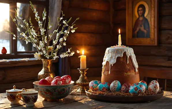 ПАСХА, СВЕЧА, ЯЙЦА, ВАЗА, ИКОНА, ИЗБА, ВЕРБА, КУЛИЧ