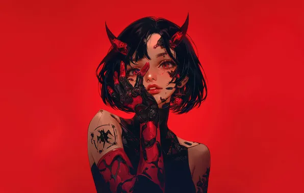 Girl, Devil, Anime, Red Eyes, Tattoo, Demon, Horn, Red Background