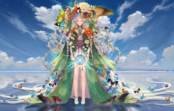 Картинка небо, вода, девушка, облака, бабочки, цветы, отражение, крылья