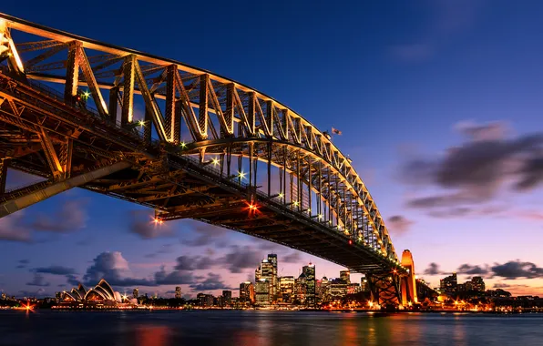 Ночь, мост, огни, Австралия, Sydney, Harbour Bridge, New South Wales