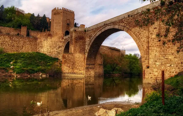 Мост, город, река, архитектура, Испания, Толедо, Castilla-La Mancha, Кастилия-Ла-Манча