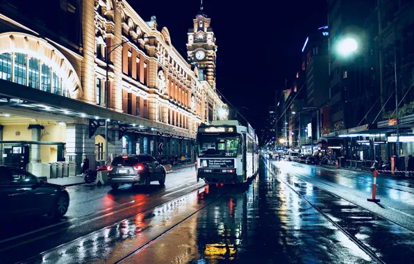 Дорога, машины, ночь, огни, улица, рельсы, дома, Австралия