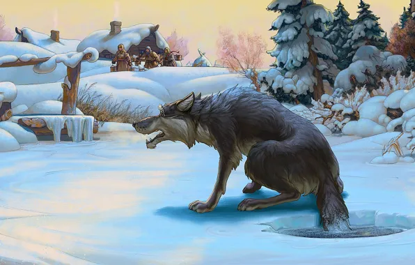 Картинка зима, волк, сказка, Рисунок, прорубь