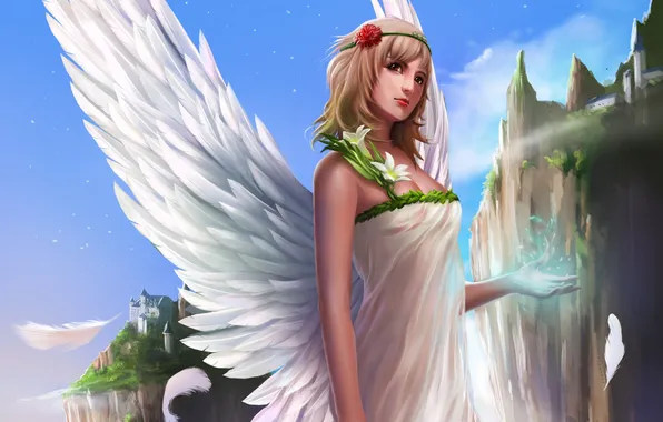 Картинка девушка, цветы, город, скалы, магия, рука, крылья, ангел