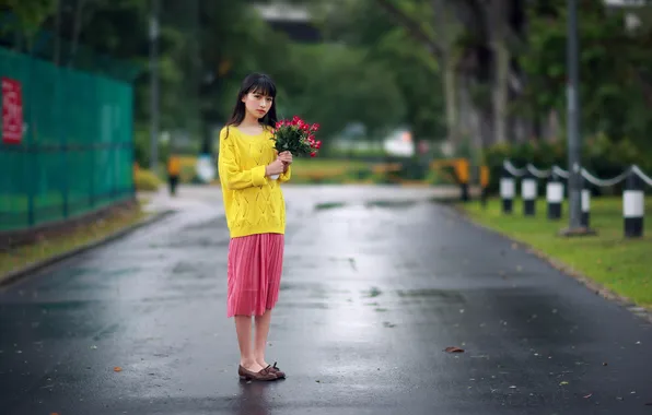 Картинка девушка, цветы, улица, азиатка