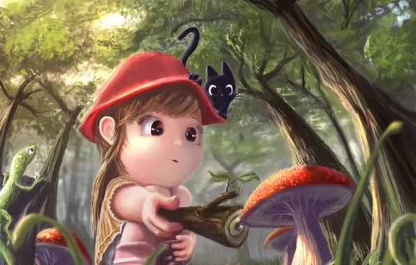 Картинка лес, кошка, грибы, девочька, Early amazement