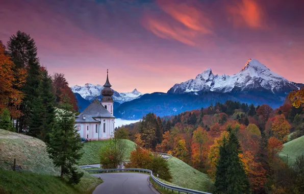 Дорога, осень, деревья, закат, Германия, Бавария, церковь, Germany