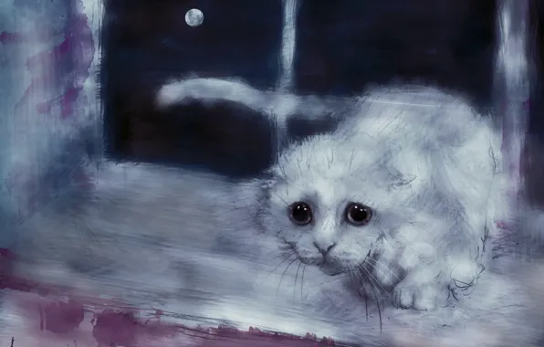 Кошка, взгляд, луна, рисунок, окно, арт, белая, подоконник