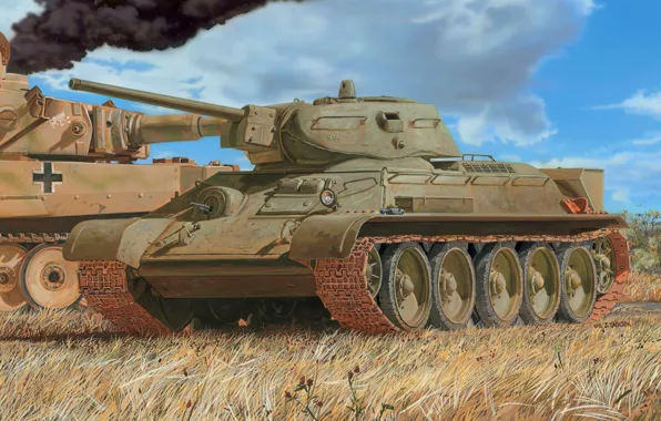 Картинка рисунок, РККА, средний танк, Т-34/76, PzKpfw VI Tiger, s.SS-Pz.Abt.102