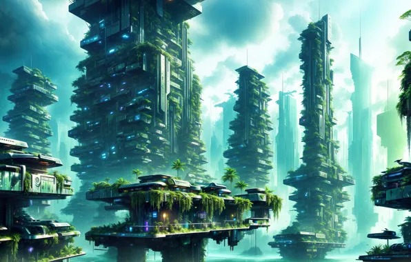 City, future, landscape, art, fantastic, cyberpunk, digital art, Futuristic