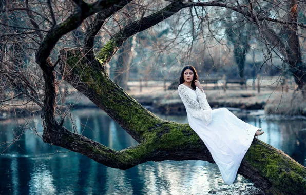 Картинка осень, девушка, пруд, дерево, настроение, платье, Alessandro Di Cicco