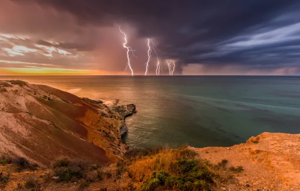 Картинка гроза, волны, скалы, берег, молния, Австралия, light, storm