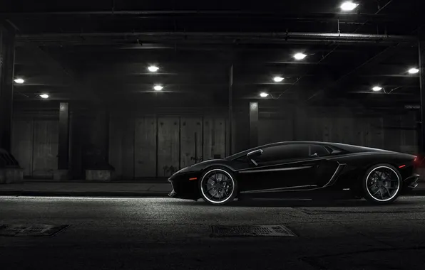 Картинка лампы, Lamborghini, тоннель, black, LP700-4, Aventador, profile
