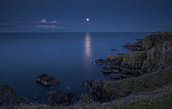 Картинка море, скалы, луна, побережье, Шотландия, водная гладь, Scotland, Северное море