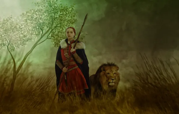 Картинка девушка, дерево, лев, воительница, копьё