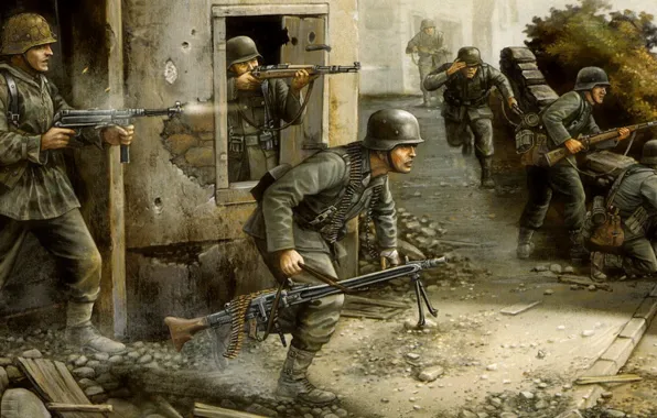 Картинка война, рисунок, бой, солдаты, немцы, flames of war, бегают
