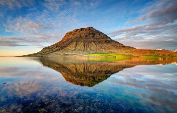 Картинка облака, закат, природа, озеро, отражение, гора, вулкан, Исландия