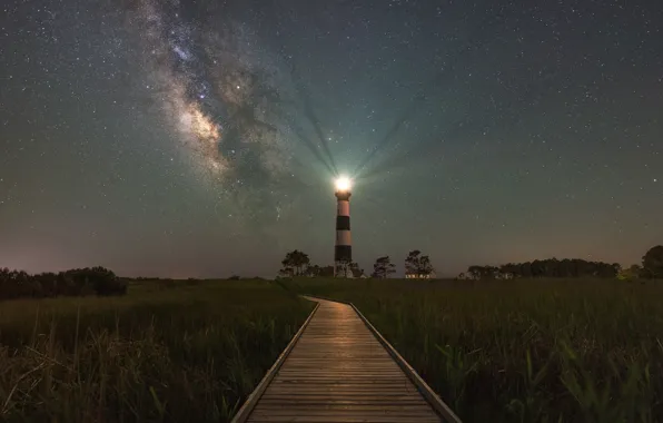 Ночь, Звезды, Свет, USA, США, Каролина, Carolina, Bodie Island