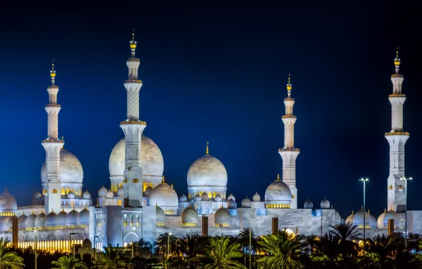 Ночь, мечеть, архитектура, Abu Dhabi, ОАЭ, Мечеть шейха Зайда, Абу-Даби, минареты