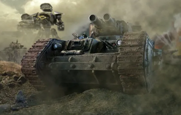 Картинка стволы, дым, танк, броня, пулеметы, warhammer 40k, гвардия, имперская