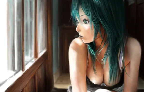 Девушка, задумчивость, окно, арт, профиль, vocaloid, hatsune miku, вокалоид