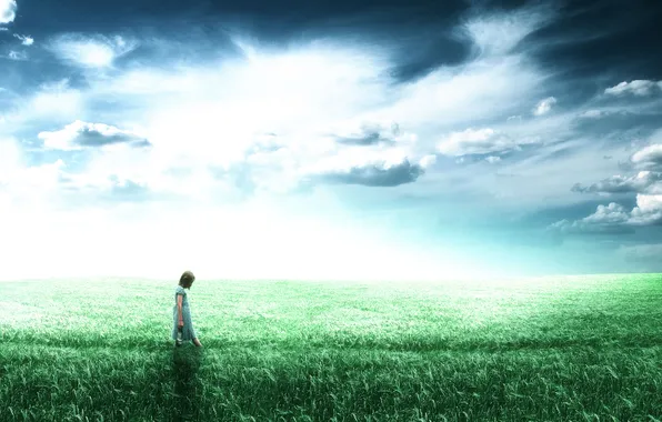 Картинка поле, трава, облака, девочка