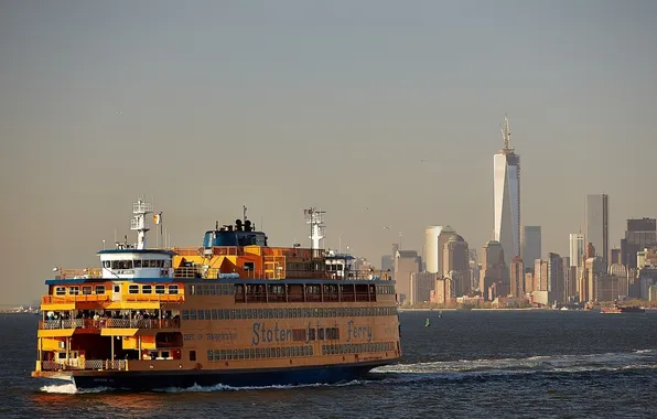 Картинка бухта, Нью-Йорк, залив, паром, Манхэттен, Manhattan, NYC, New York City