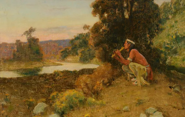 Картинка дудочка, Eanger Irving Couse, The Piper, индеец на природе