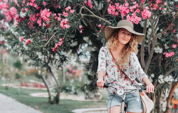Girl, bicycle, shorts, hat, beautiful, model, cute, denim