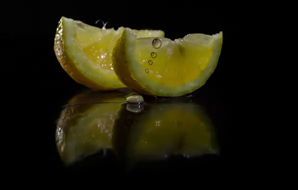 Капли, отражение, темный фон, лимон, сок, дольки