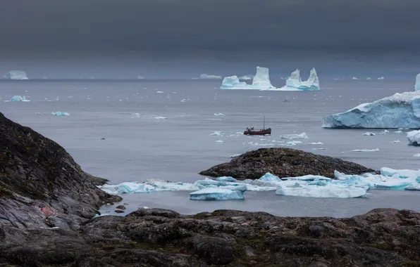 Лед, зима, море, небо, вода, облака, тучи, камни