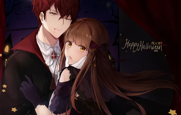 Девушка, жертва, вампир, парень, хеллоуин, Mystic Messenger