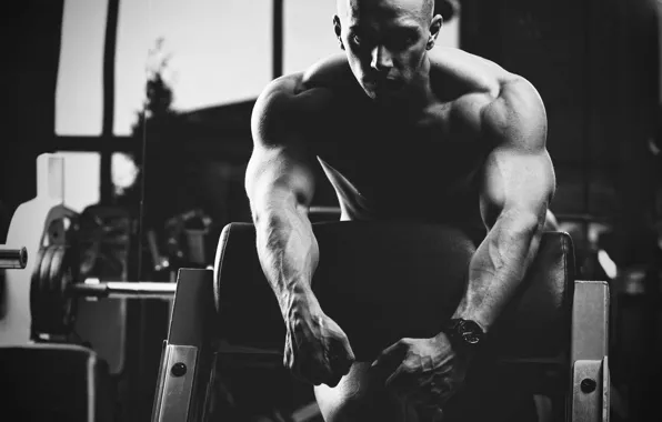 Поза, black & white, спортсмен, muscle, мышцы, штанга, черно - белое, тренажеры