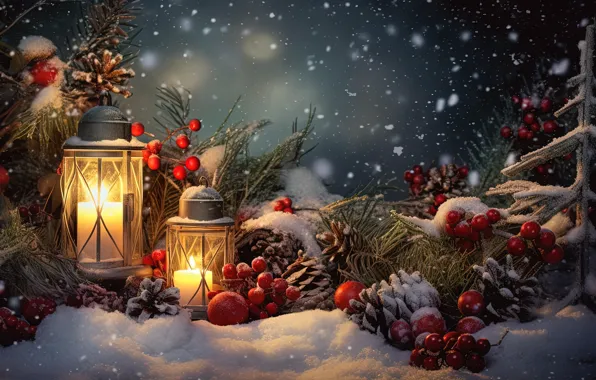 Картинка зима, снег, украшения, ягоды, Новый Год, Рождество, фонарь, light