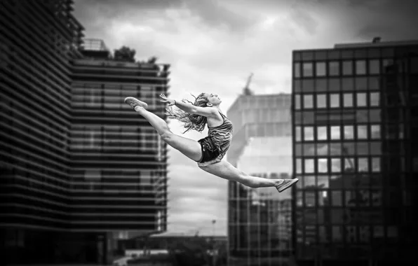 Girl, woman, jump, model, black and white, buildings, female, sneakers